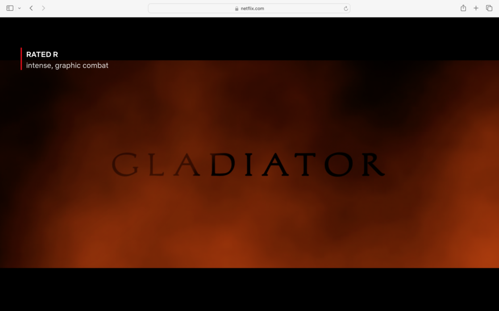 Picture of the opening credits of the movie Gladiator on Netflix. 
